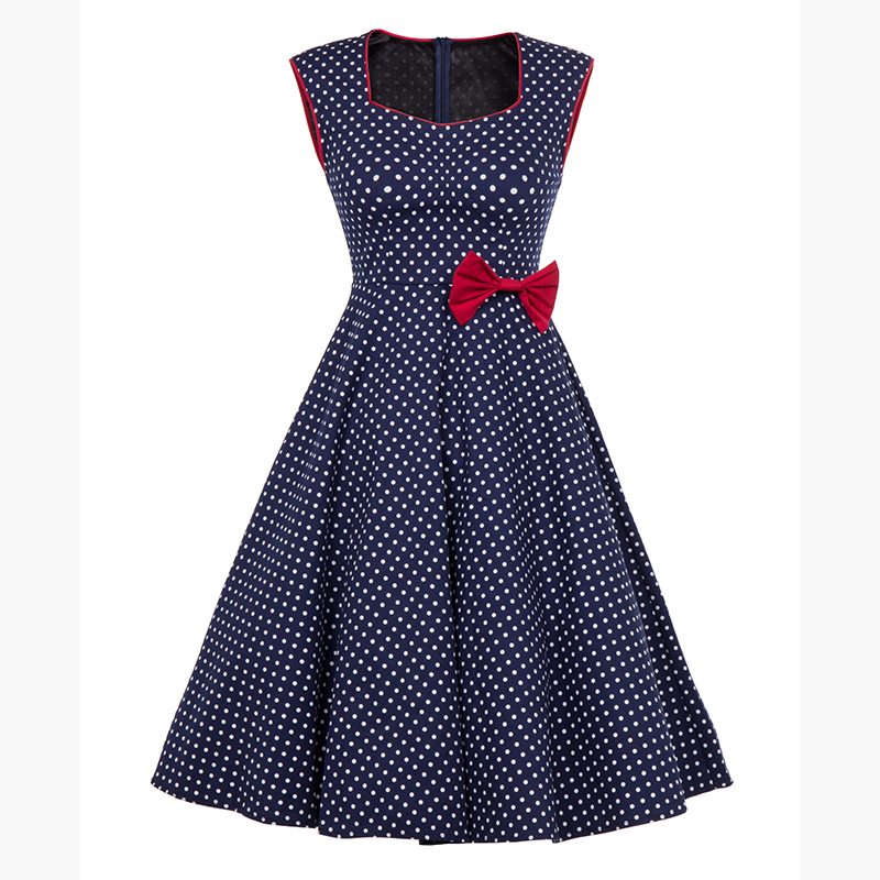 F2510  Blue and White Polka Dot With Red Bow Sleeveless Tank Dress Ball Gown